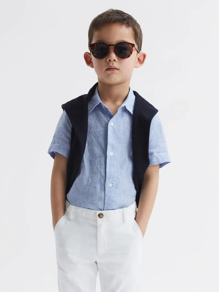 Children Reiss Shirts Holiday Short Sleeve Linen Shirt Soft Blue