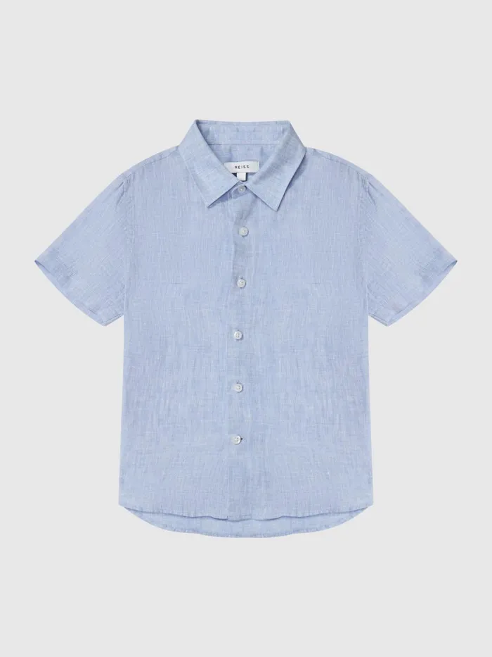 Children Reiss Shirts Holiday Short Sleeve Linen Shirt Soft Blue