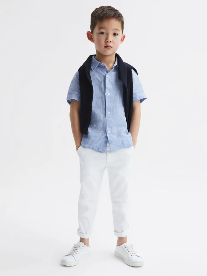 Children Reiss Shirts Holiday Short Sleeve Linen Shirt Soft Blue