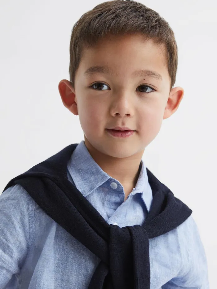 Children Reiss Shirts Holiday Short Sleeve Linen Shirt Soft Blue