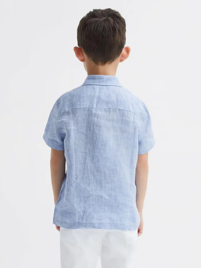 Children Reiss Shirts Holiday Short Sleeve Linen Shirt Soft Blue