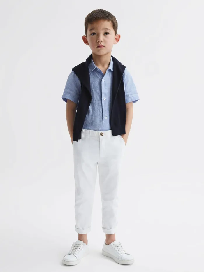 Children Reiss Shirts Holiday Short Sleeve Linen Shirt Soft Blue