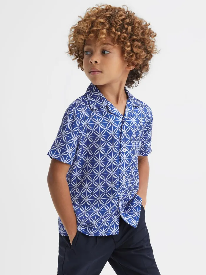 Children Reiss Shirts Tintipan Printed Cuban Collar Shirt Bright Bluewhite