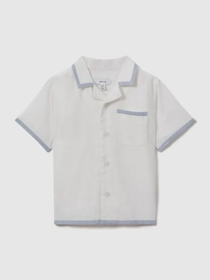 Children Reiss Shirts Vitan Linen Contrast Cuban Collar Shirt Whitesoft Blue
