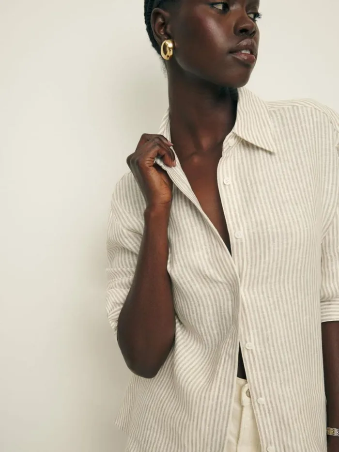 Clothing The Reformation Andy Oversized Linen Shirt Sandy Stripe
