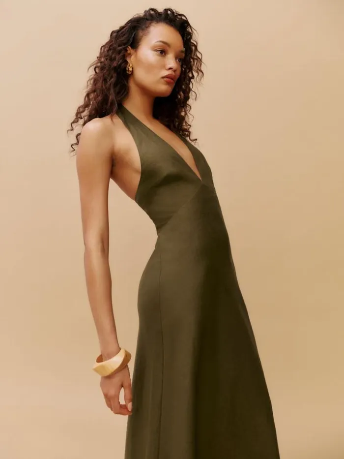 Clothing The Reformation Delilah Linen Dress Dark Olive