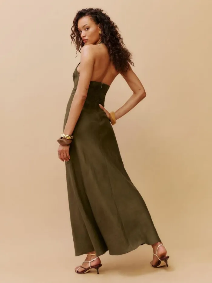 Clothing The Reformation Delilah Linen Dress Dark Olive