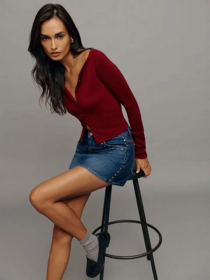 Clothing The Reformation Hazel Low Rise Denim Mini Skirt Lanier Studded