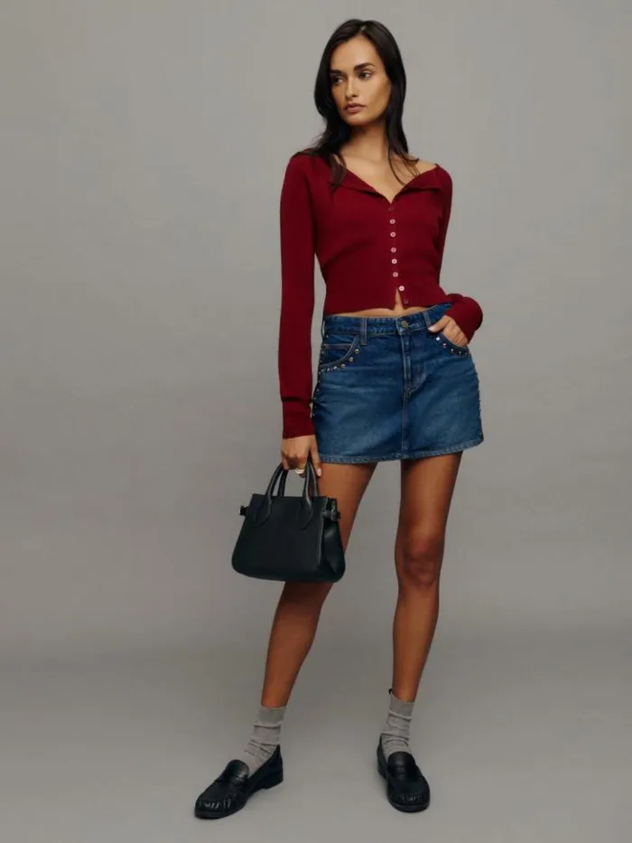Clothing The Reformation Hazel Low Rise Denim Mini Skirt Lanier Studded