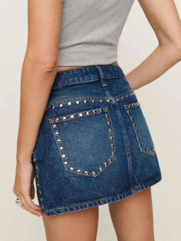 Clothing The Reformation Hazel Low Rise Denim Mini Skirt Lanier Studded
