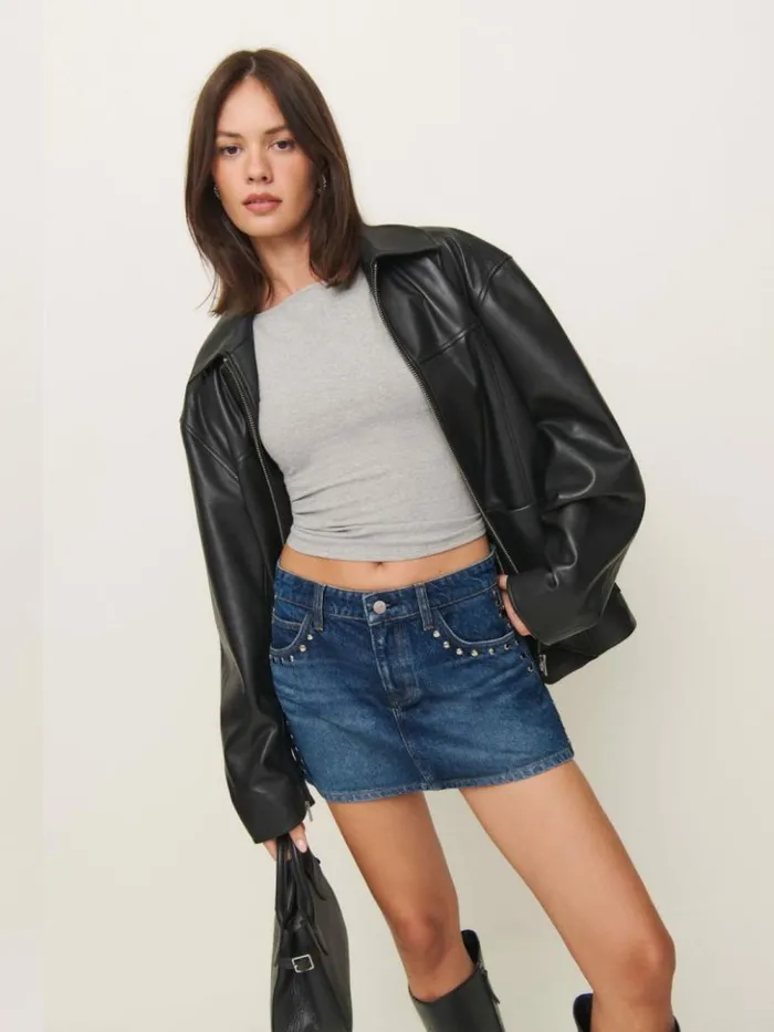 Clothing The Reformation Hazel Low Rise Denim Mini Skirt Lanier Studded