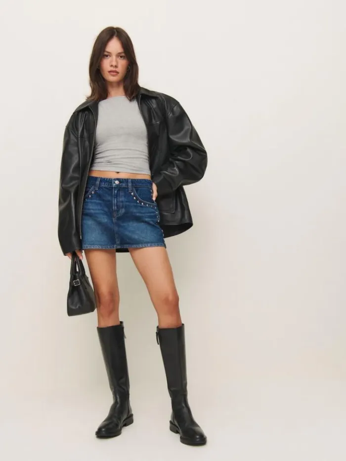Clothing The Reformation Hazel Low Rise Denim Mini Skirt Lanier Studded