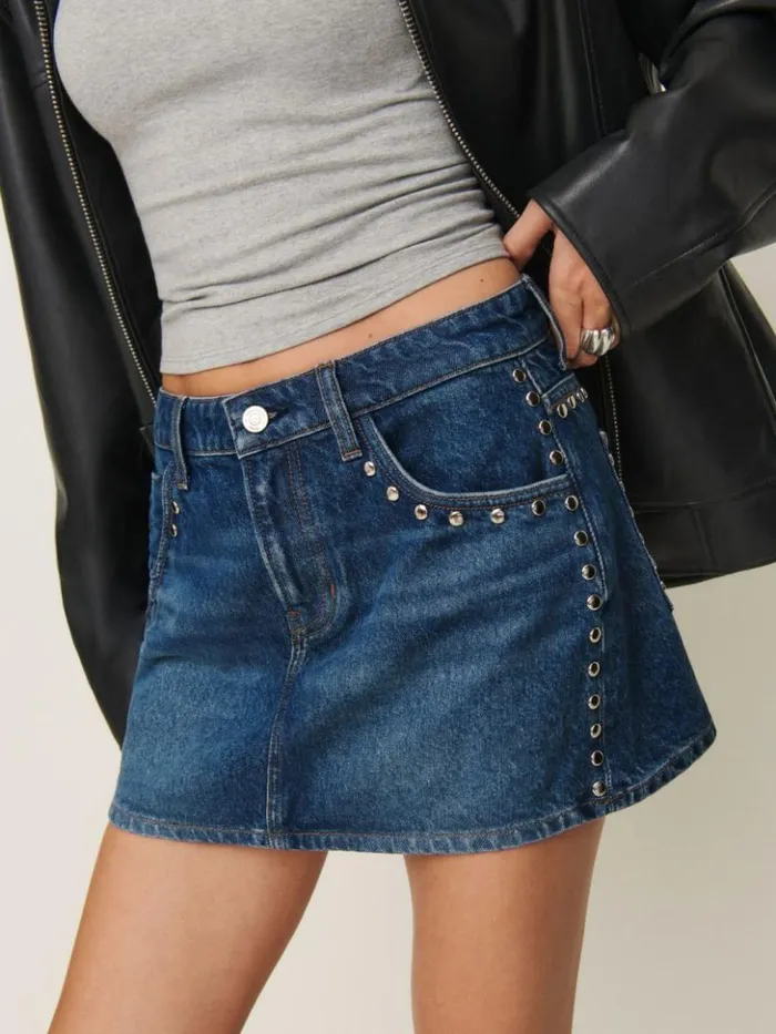 Clothing The Reformation Hazel Low Rise Denim Mini Skirt Lanier Studded