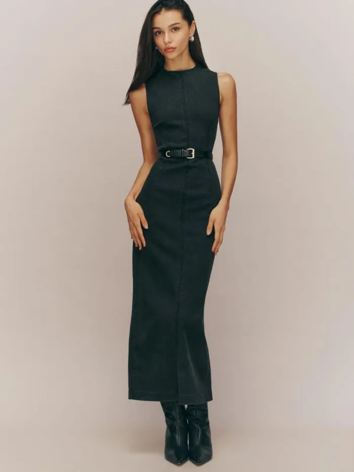 Clothing The Reformation Kendi Denim Midi Dress Washed Black