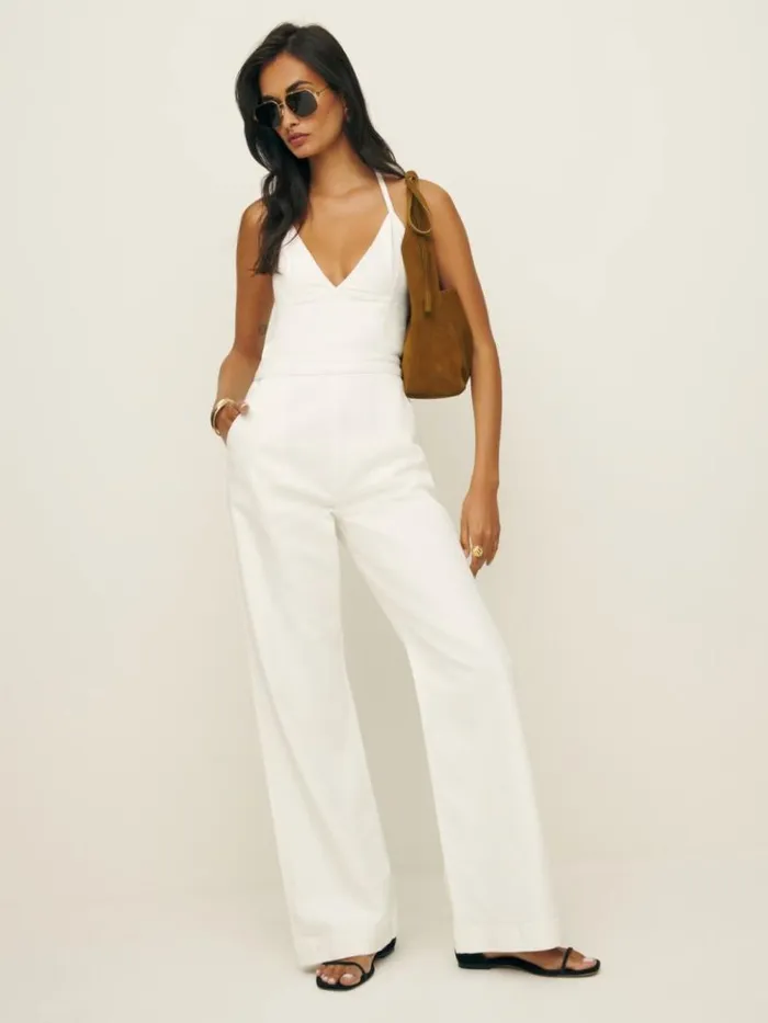 Clothing The Reformation Lennon Denim Jumpsuit Optic White