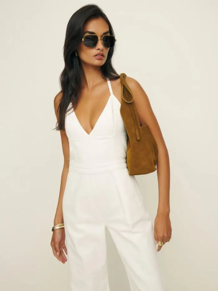 Clothing The Reformation Lennon Denim Jumpsuit Optic White