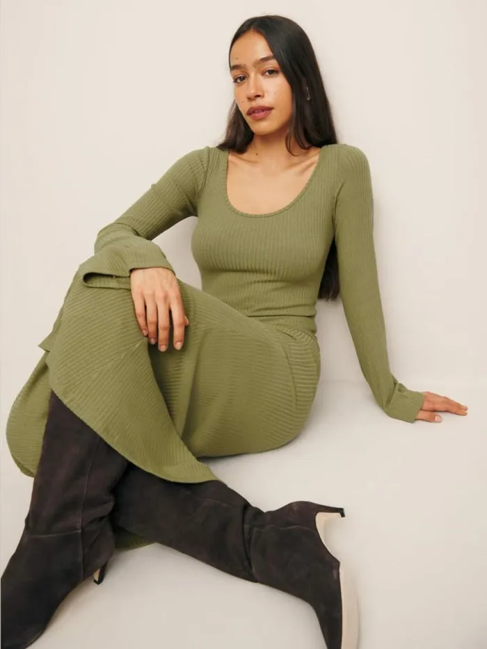 Clothing The Reformation Wrenley Knit Dress Olive Oil