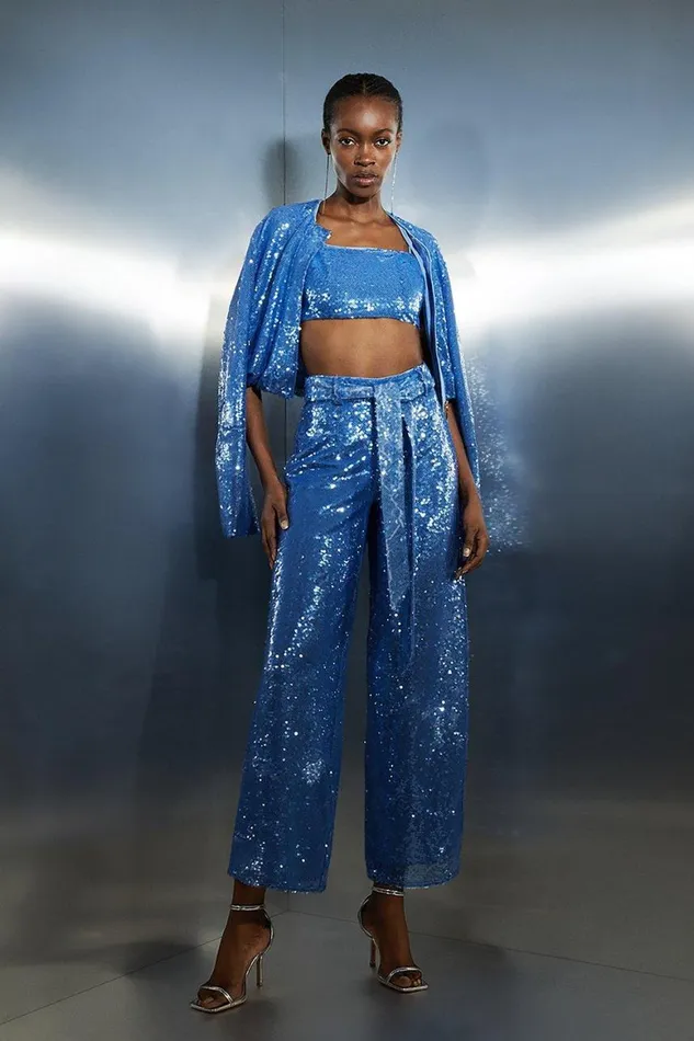 CoOrds Women Karen Millen Blue Sequin High Waisted Belted Woven Trousers Blue