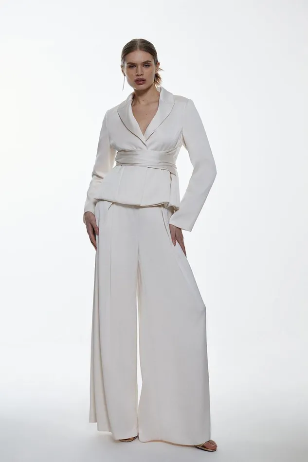 CoOrds Women Karen Millen Satin Back Crepe Belted Wrap Jacket and Trouser Set Ivory CoOrds Women Karen Millen Satin Back Crepe Belted Wrap Jacket and Trouser Set Ivory