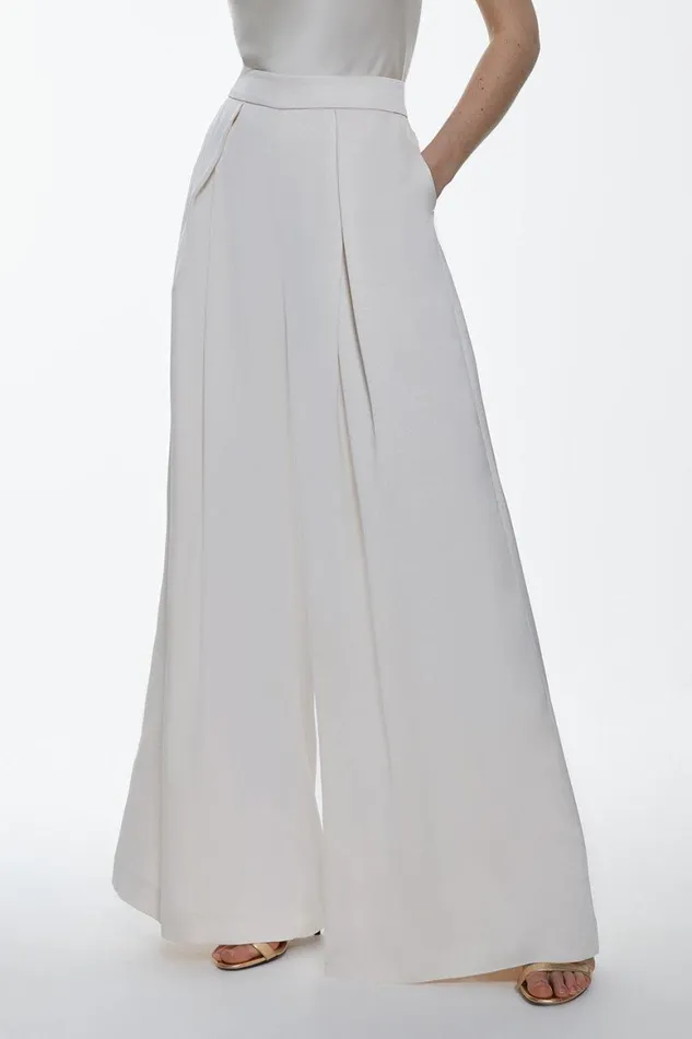 CoOrds Women Karen Millen Satin Back Crepe Belted Wrap Jacket and Trouser Set Ivory