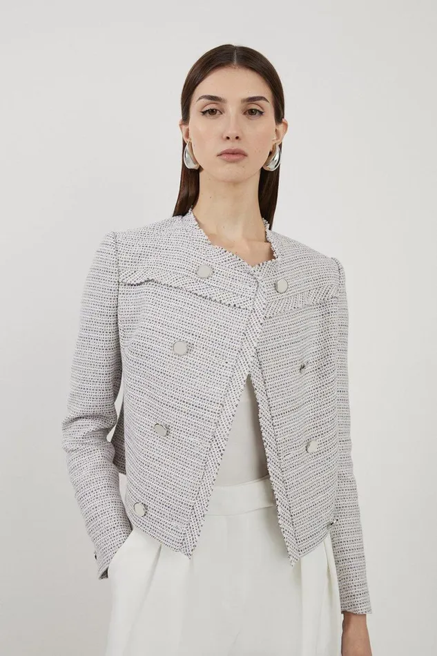 Coats and Jackets Women Karen Millen Boucle Double Breasted Collarless Tailored Jacket Multi Coats and Jackets Women Karen Millen Boucle Double Breasted Collarless Tailored Jacket Multi