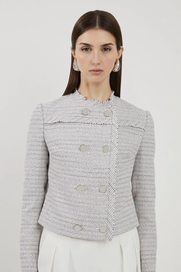 Coats and Jackets Women Karen Millen Boucle Double Breasted Collarless Tailored Jacket Multi