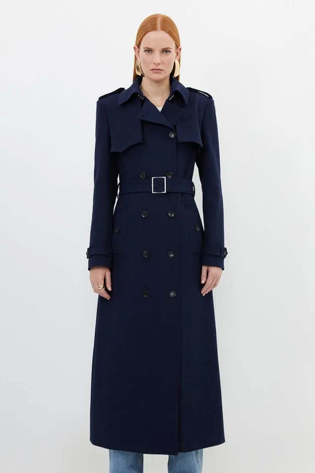 Coats and Jackets Women Karen Millen Compact Stretch Tailored Belted Trench Coat Navy Coats and Jackets Women Karen Millen Compact Stretch Tailored Belted Trench Coat Navy