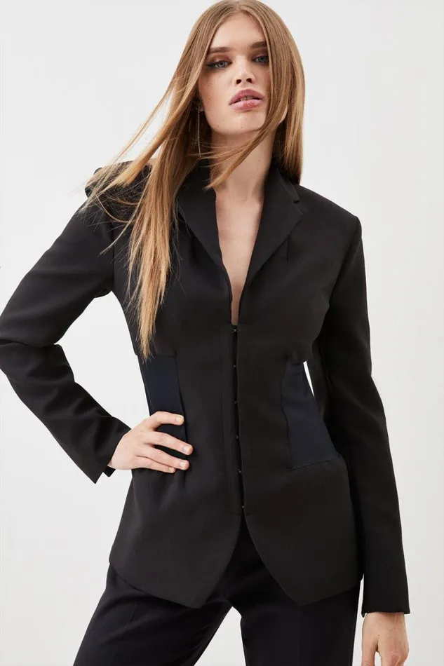 Coats and Jackets Women Karen Millen Compact Stretch Tailored Contrast Panel Detail Waist Blazer Black
