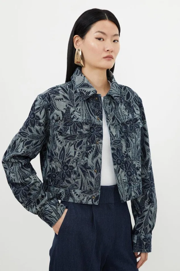 Coats and Jackets Women Karen Millen Denim Floral Jacquard Woven Jacket Denimblue
