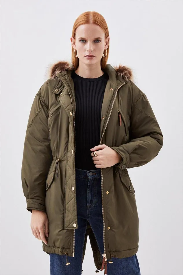 Coats and Jackets Women Karen Millen Faux Fur Hooded Padded Parka Coat Khaki