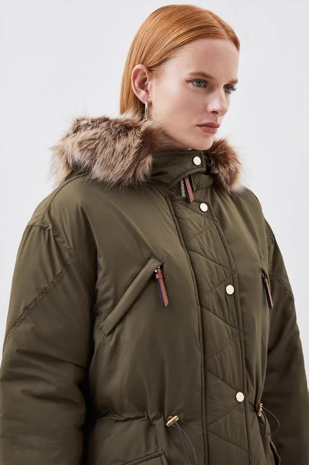 Coats and Jackets Women Karen Millen Faux Fur Hooded Padded Parka Coat Khaki
