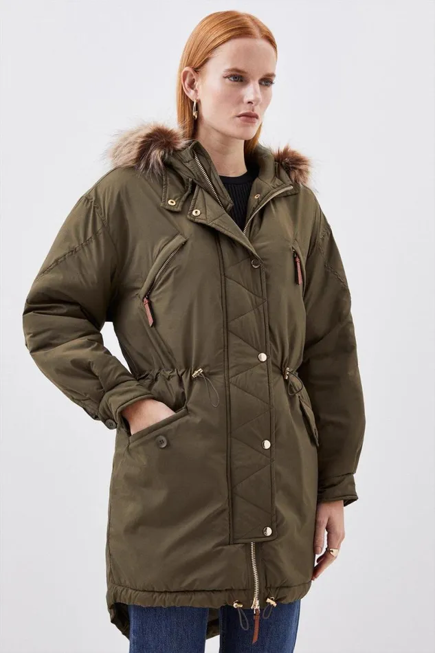 Coats and Jackets Women Karen Millen Faux Fur Hooded Padded Parka Coat Khaki
