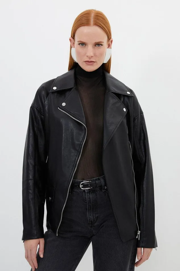 Coats and Jackets Women Karen Millen Faux Leather Biker Jacket Black
