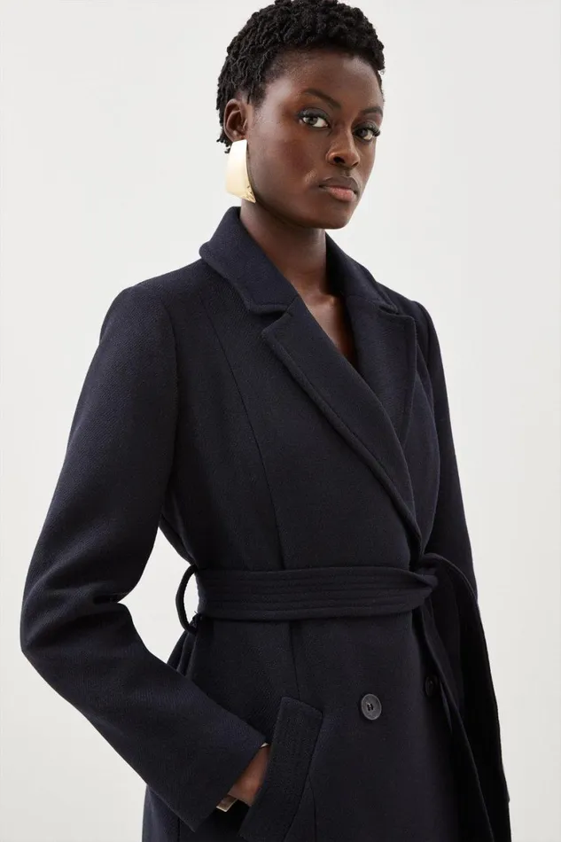 Coats and Jackets Women Karen Millen Italian Manteco Wool Blend Double Breasted Belted Midi Coat Navy
