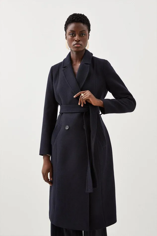 Coats and Jackets Women Karen Millen Italian Manteco Wool Blend Double Breasted Belted Midi Coat Navy