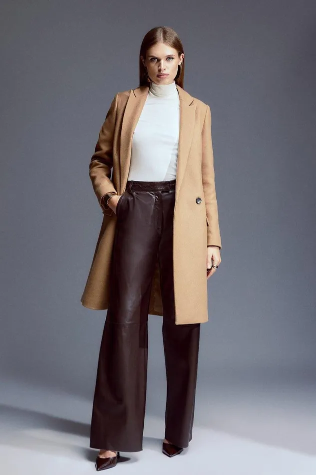 Coats and Jackets Women Karen Millen Italian Manteco Wool Blend Pu Detail Midi Coat Camel