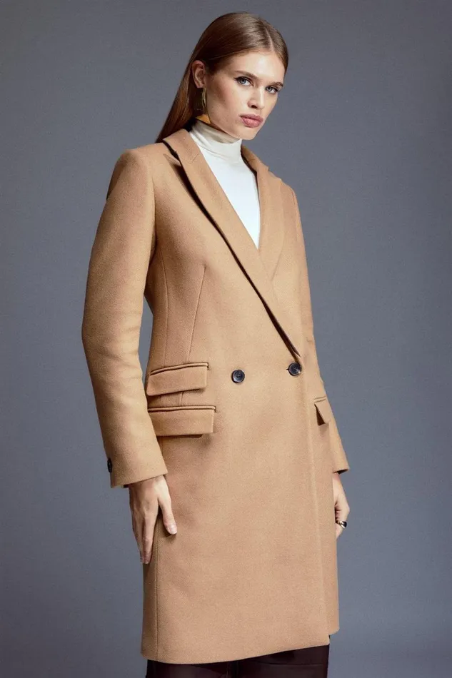Coats and Jackets Women Karen Millen Italian Manteco Wool Blend Pu Detail Midi Coat Camel