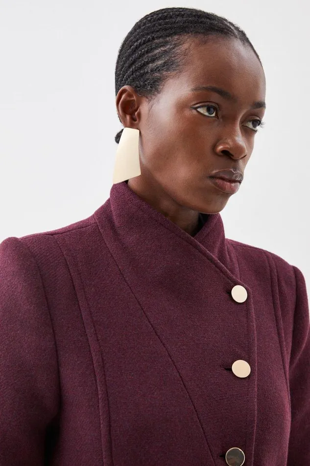 Coats and Jackets Women Karen Millen Italian Manteco Wool Button Detail Belted Midi Coat Wine