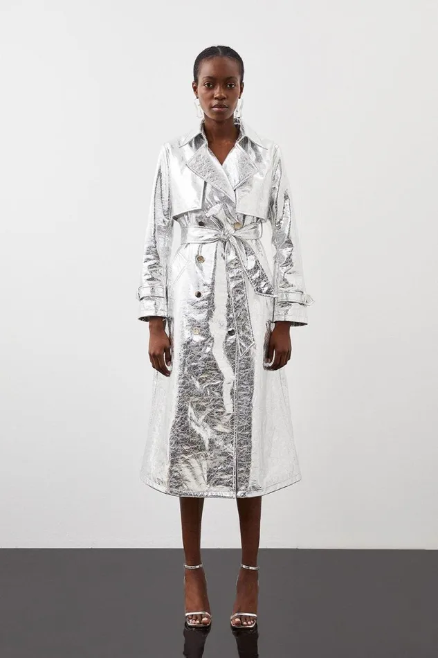 Coats and Jackets Women Karen Millen Metallic Faux Leather Belted Trench Coat Silver