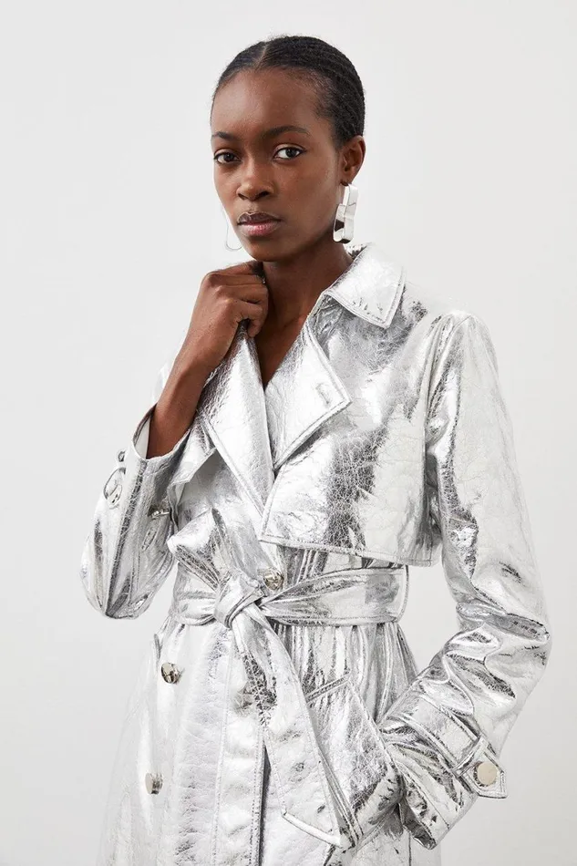 Coats and Jackets Women Karen Millen Metallic Faux Leather Belted Trench Coat Silver
