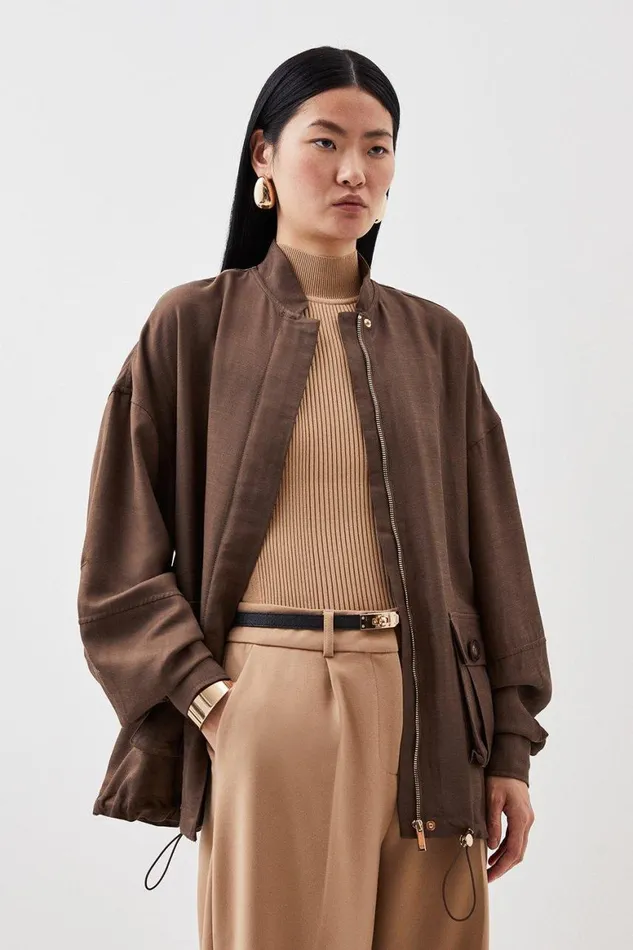 Coats and Jackets Women Karen Millen Premium Utility Linen Oversized Bomber Jacket Khaki Coats and Jackets Women Karen Millen Premium Utility Linen Oversized Bomber Jacket Khaki