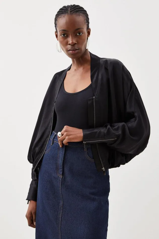 Coats and Jackets Women Karen Millen Satin Woven Bomber Jacket Black
