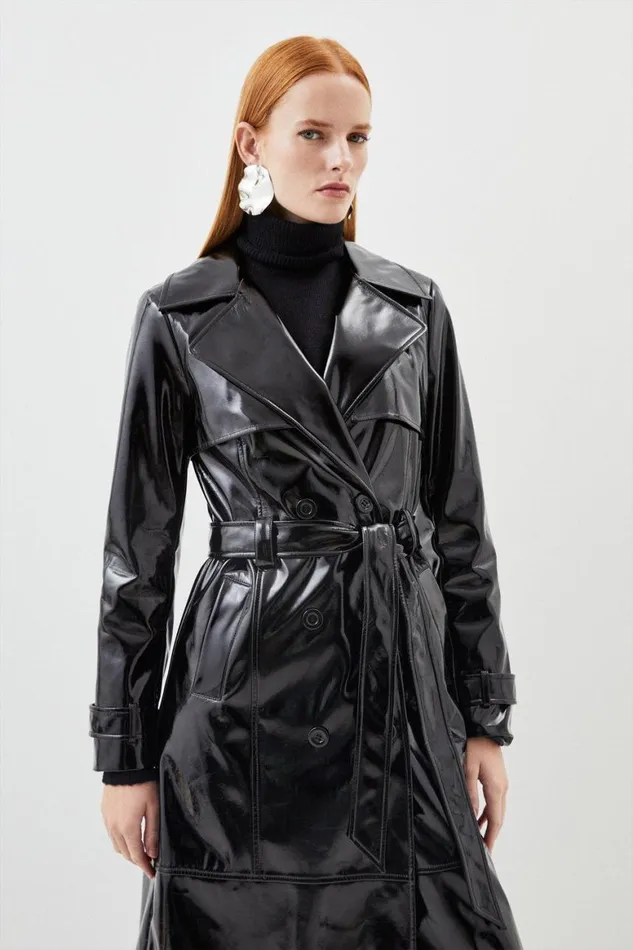 Coats and Jackets Women Karen Millen Vinyl Belted Longline Trench Coat Black
