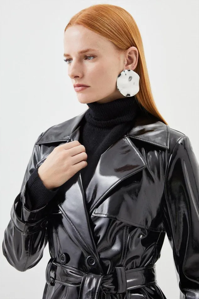 Coats and Jackets Women Karen Millen Vinyl Belted Longline Trench Coat Black