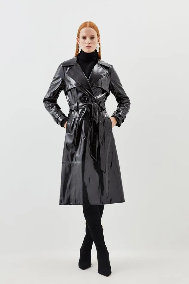 Coats and Jackets Women Karen Millen Vinyl Belted Longline Trench Coat Black