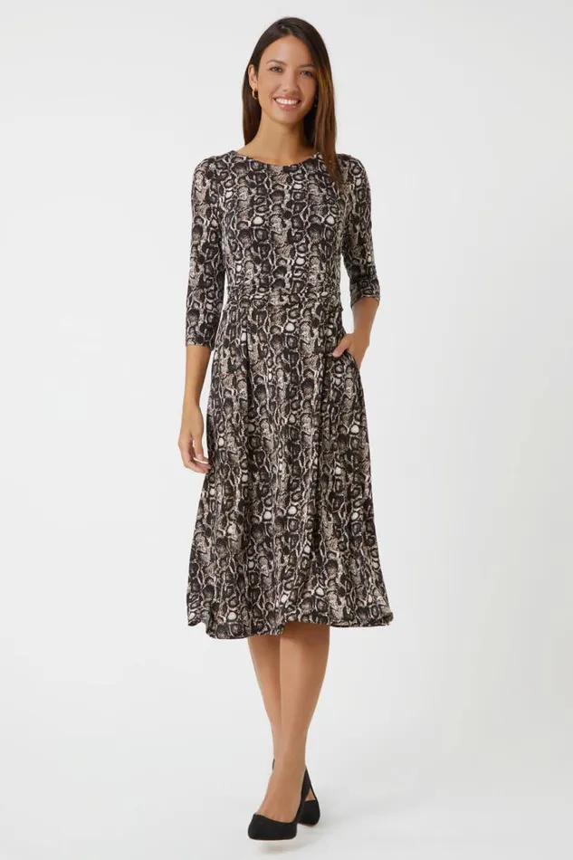 Coffee Snake Print Gathered Stretch Ruched Dress Women Roman Dresses