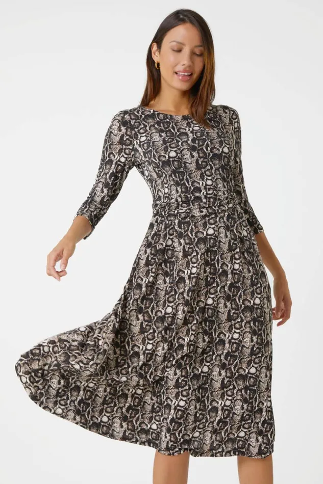 Coffee Snake Print Gathered Stretch Ruched Dress Women Roman Dresses