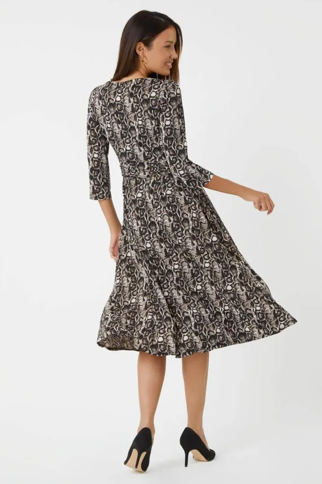 Coffee Snake Print Gathered Stretch Ruched Dress Women Roman Dresses