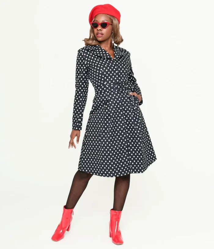 Collectif Black and White Polka Dot Jolianna Trench Coat ClothingPlus Unique Vintage Jackets