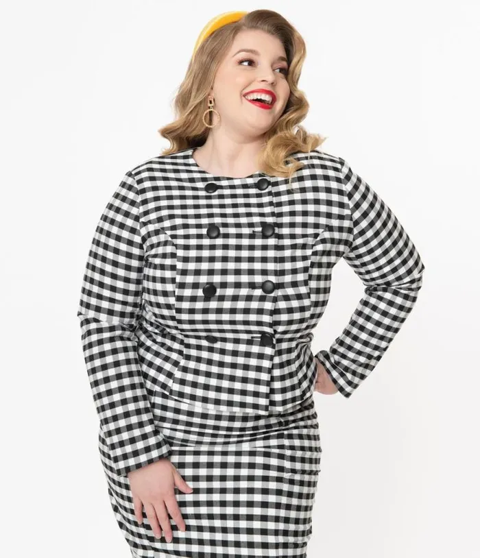 Collectif Plus Size Black and White Gingham Lorinna Jacket ClothingPlus Unique Vintage Jackets